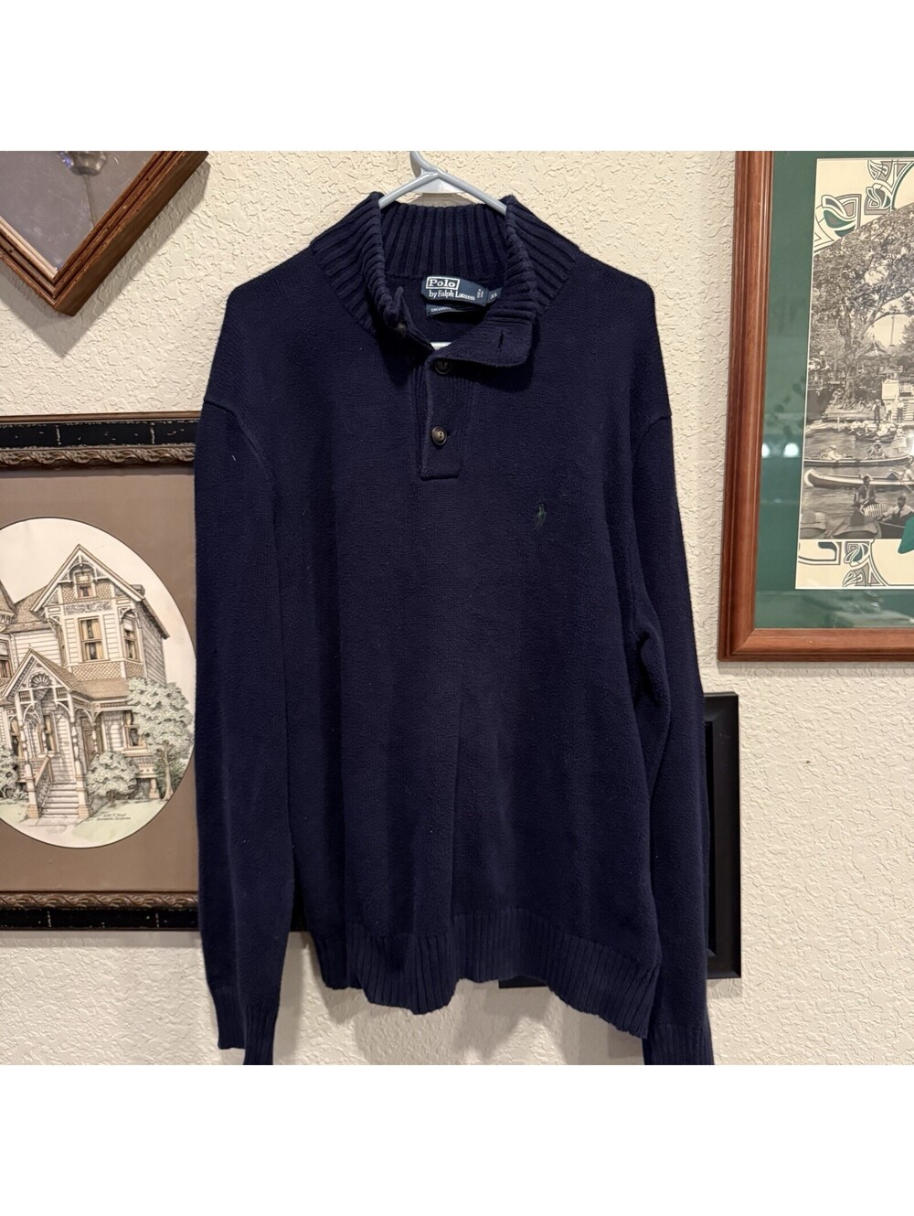 Vintage 90s Polo Ralph Lauren French Rib Knit Sweater 1/4 Zip Mens XL Navy Blue